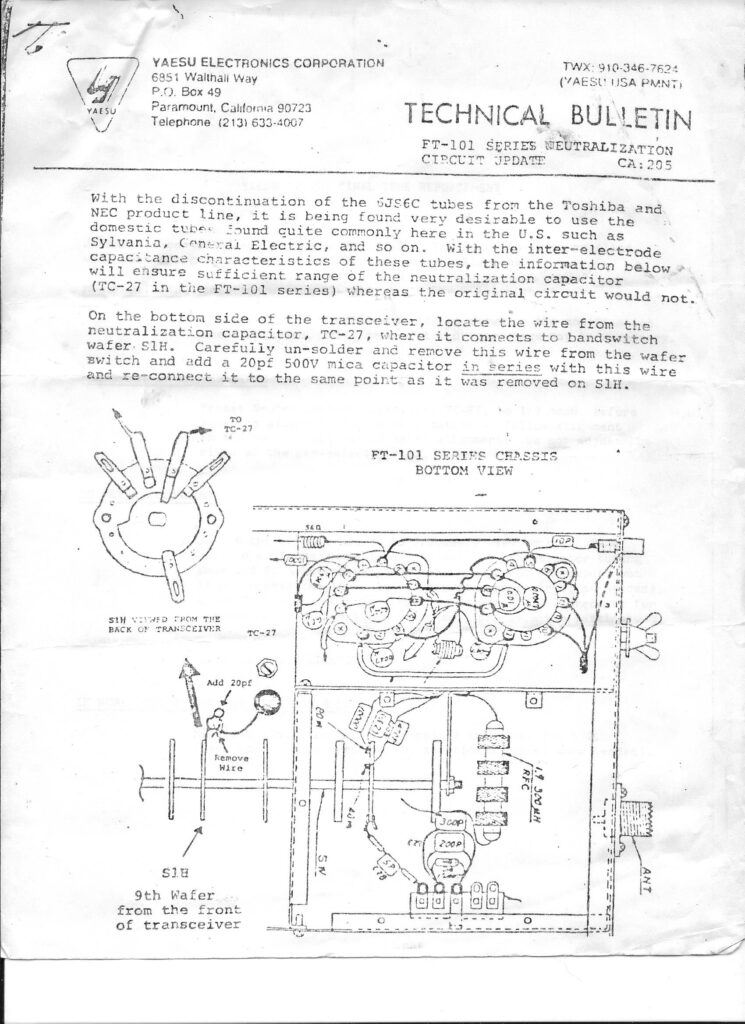 Yaesu Tech Bulletin CA205 FT-101 Neutralization Update